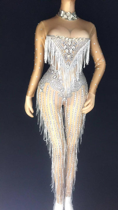 Red Silver Rhinestones Fringe Jumpsuit Bar Nightclub Female Singer Stage Costume Birthday Shiny Crystals Tassel Skinny Jumpsuits