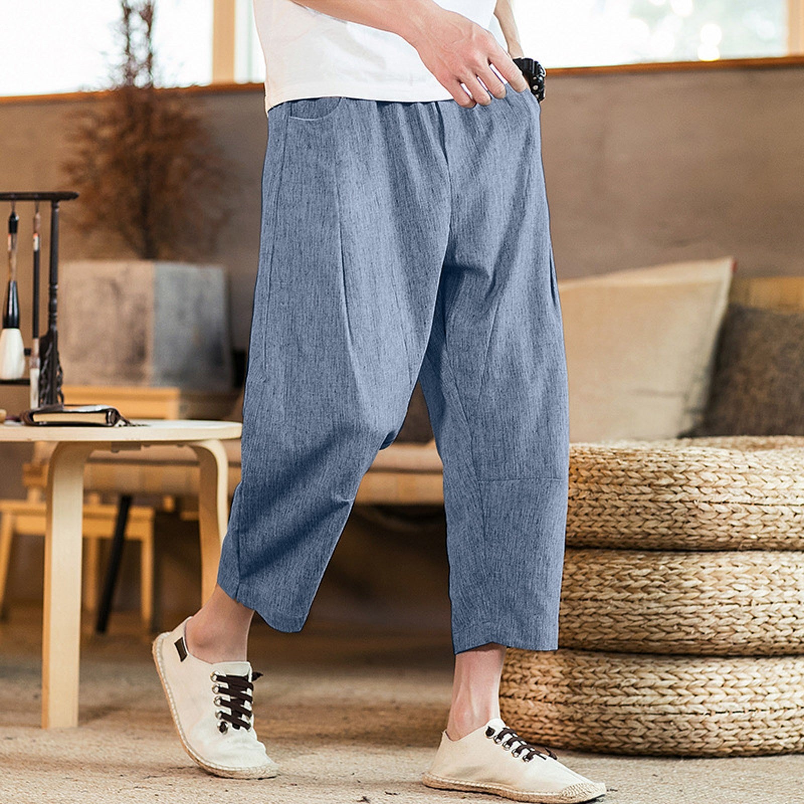 Mens Cotton And Linen Solid Color Casual Pants Japanese Linen Sports Slim Pants Feet