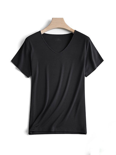 Women Solid Silk Cotton Blend Plain V Neck Short Sleeved Tee 2022 Comfortable Modal Casual Bottoming T-Shirt Green Pink White