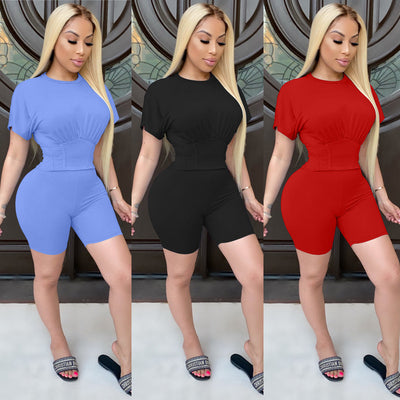 2021 Summer New T-Shirt Shorts Two-Piece Suit European and American Sexy High Waist Tight Shorts Suit Women