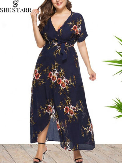 SHESTARR Plus Size Women Dresses 2022 Sexy Deep V Neck Short Sleeve XL-4XL Floral Print Summer Plus Size Feminine Maxi Dress