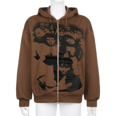 Y2K Harajuku Sweatshirt Zip Up Hoodies 90s Vintage Brown Long Sleeve Coat Top Women Autumn Streetwear E-girl Gothic Clothes