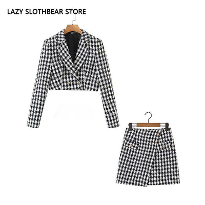 Women Two Piece Skirt Sets Casual Plaid Plaid Blazer Skirt Sets Short Jacket Mini Skirt Outfit For Autumn Office