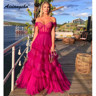 Aixiangsha Sexy Off Shoulder Sweetheart Pleat Tiered A-line Floor-Length Prom Cocktail Gown Pink Lace Up Back Vestido De Novia