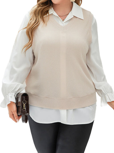 White Plus Size Tops for Women 2022 Autumn Winter Women Turn Down Collar Long Sleeve Patchwork Elegant Blouse Shirt