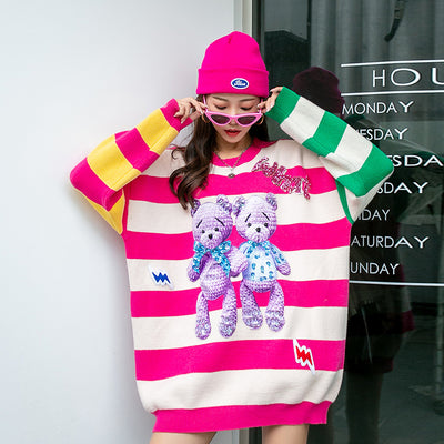 Spring Autumn Fashion Cartoon Bear Collage Pullover Sweater Women Loose 2022 New Contrast Striped Sweater ZWL760A