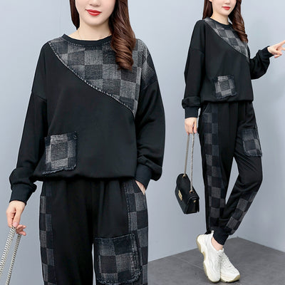 Women Outfit lattice Print Loose 2 Two Piece Set Streetwear Tracksuit Sweatshirt +Joggers Pants Matching Ensemble Femme 2 pièces