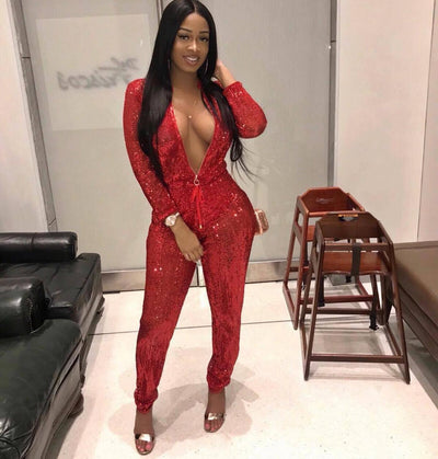 AHVIT Shinily Sequin Sexy Sashes Women Jumpsuits Stand Collar Long Sleeve Skinny Front Zipper Fashion Party Romper LM941