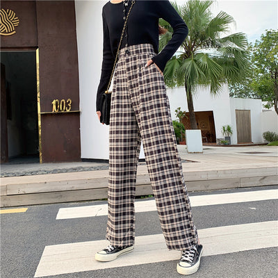 Simple Vintage Plaid Causal Long Women Pants Street Fashion Straight Wide Leg Pant