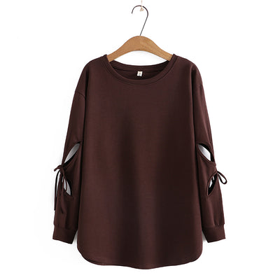 Hollow Out Women Tops Casual Plus Size Tops 3XL 4XL O Neck Lace Up Loose Long Sleeve T-shirts KKFY6294