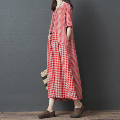 Blossomora Patchwork Plaid Loose Long Dress for Women Casual Fashion Maxi Dress O Neck Streetwear Cotton and Linen Summer Robe