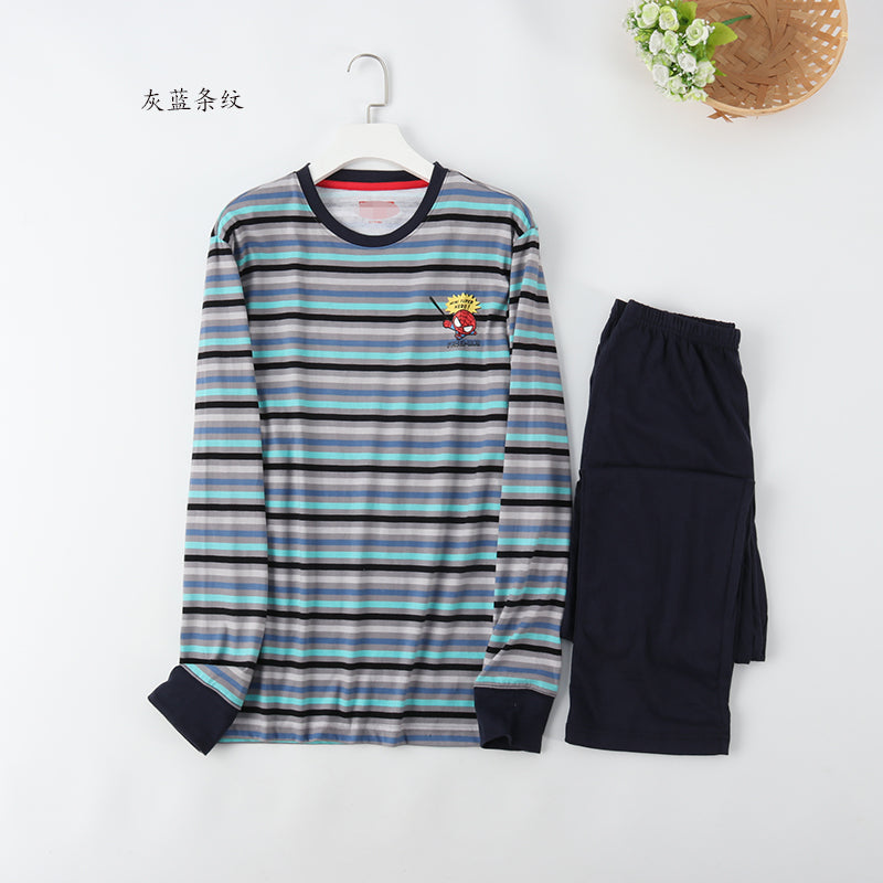 Men Knitted cotton stripe Round collar long sleeve trousers pajamas home suit spring and Autumn pijamas