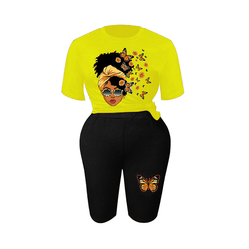 Plus Size Two Piece Set Cartoon Printing Contrasting Colors Street Fashion Summer Women Round Neck Short Sleeve Tops Pants Suit