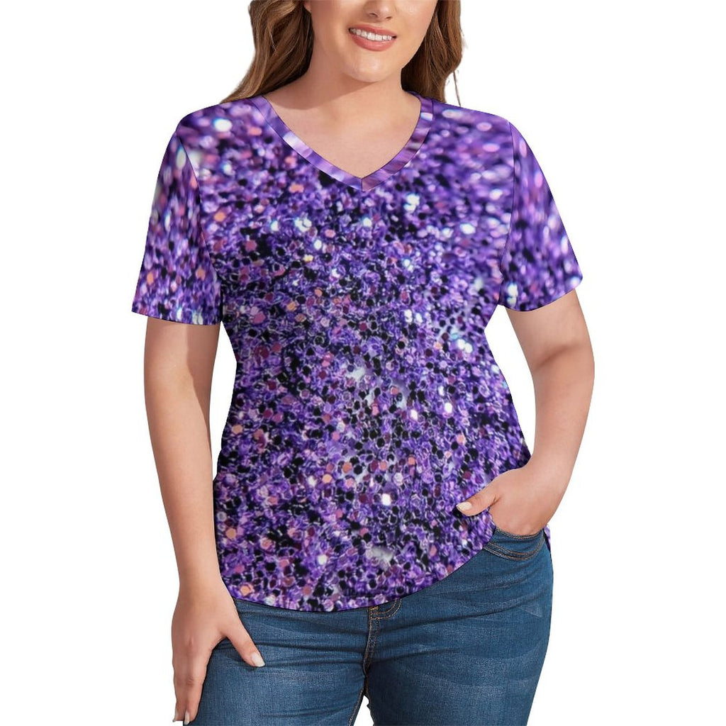 Purple Lavender T-Shirts Flower Print V Neck Korean Fashion T Shirt Woman Hip Hop Tee Shirt Summer Top Tees Plus Size 3XL 4XL