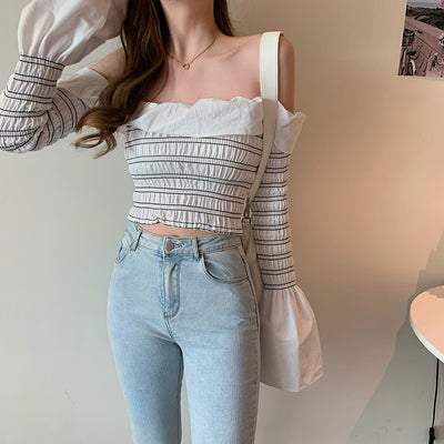 2021 Autumn New Ins Fashion Sexy One-shoulder Women&#39;s Shirt Slim Wild Tube Hipster Top Vintage Basic Cute Long Sleeves For Women