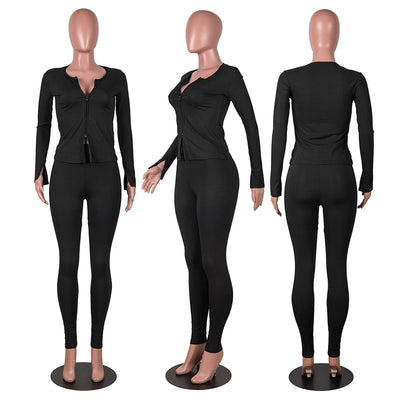 Wholesale Items Ribbed Tracksuit Women Fall Clothes Zipper V Neck Crop Top and Leggings Set Casual Solid Jogger Suits for Women