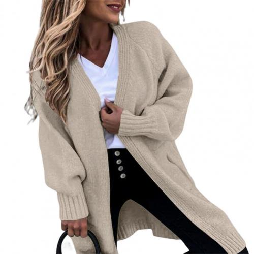 Simple Casual Mid-Length Knitted Sweater Coat Soft Loose Cardigan Open Front  for Home