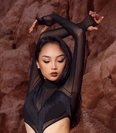 2022 Sexy Bodysuit Mesh Long Sleeved Tassel Skirts Suit Women Latin Dance Costumes Rumba Tango Latin Dance Practice Wear DQS9254