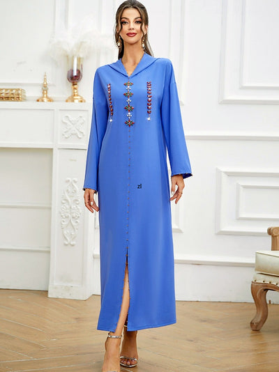 Long Sleeve Hooded Diamonds Soid Maxi Long Dress 2022 Spring Summer Women Muslim Fashion Casual Abaya Femme Musulman