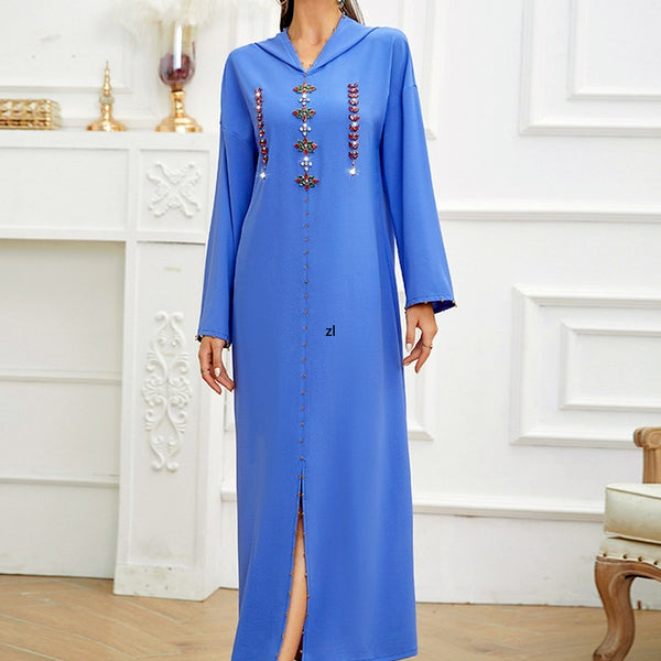 Long Sleeve Hooded Diamonds Soid Maxi Long Dress 2022 Spring Summer Women Muslim Fashion Casual Abaya Femme Musulman