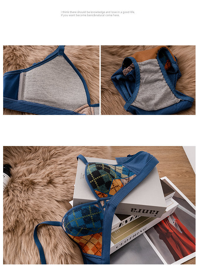 Thick bra and panty set retro plaid gathered bralette cotton women underwear haut femme sexy no steel ring B cup bralette suit