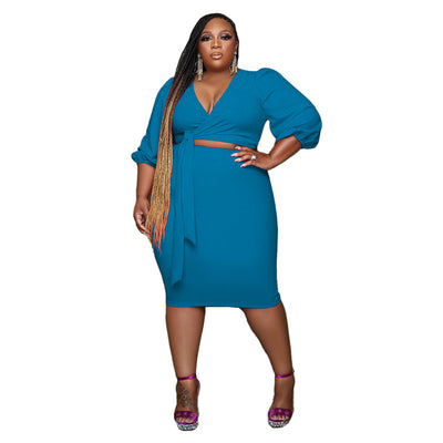 SOMOIA Plus Size Two Piece Set Women Wholesale Dropshipping Solid Color Casual Two-piece Women&#39;s Fitted V-Neck Top Skirt