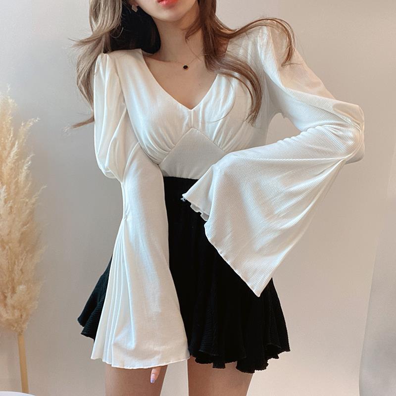 Korea Chic Solid Retro Elegant V-neck Slim-fit Flare Sleeve T Shirt Top Slim High Waist Ruffles Skirts Pleated Fashion Casual