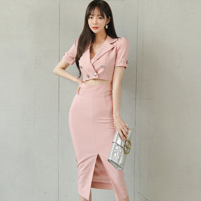 M GIRLS Korean Formal 2 Pieces Outfits Suits Women Lady Sexy Short Tops Coat Blazer Hollow High Waist Midi Slit Skirt Slim Sets