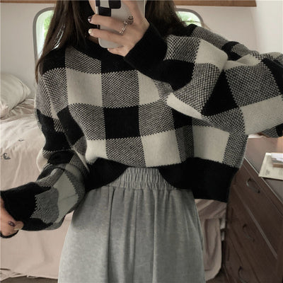 Cropped Pullovers Women Panelled Plaid Loose New Simple Sweater Fashion Korean Style Soft Spring Ins Knitted Girlish Retro Femme