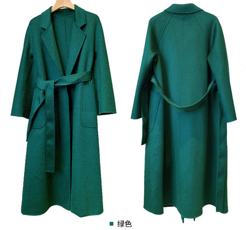 Women&#39;s Long Wool Trench Coat Winter Oversize Handmade Lapel Cardigan Overcoat with Belt