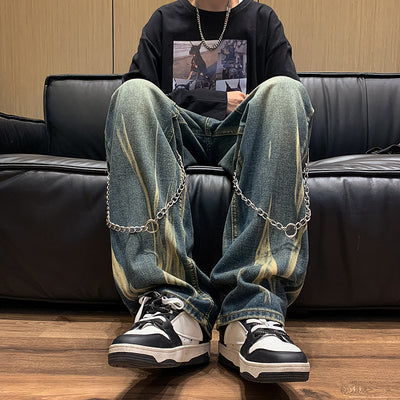 New Fashion Flare Leg Chain Jeans Men Casual Loose Baggy Trousers Denim Straight Streetwear Hophop Harem Distressed Cargo Pants
