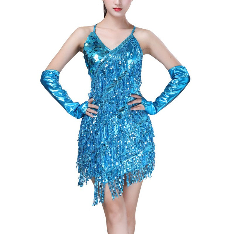 Women&#39;s Lace Latin Dance Wear Sexy Sequined Sling Halter Latin Dance Dress Tassel Costume Mini Dance Dress