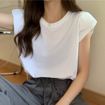 T-shirts Women Solid Color Cool Sleeveless High Street Korean Trendy All-match Tees Female Loose Simple O-neck Elegant Leisure