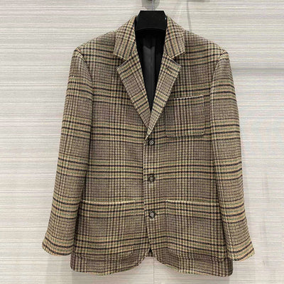 Position Plaid Pure Wool Blazers For Women High End Quality Notched Collar Single Breasted Retro Woolen Suit Jacket Lady 2022