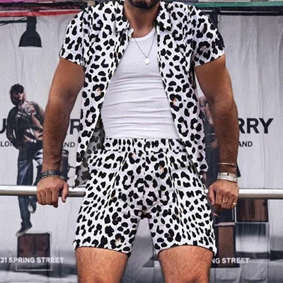 Men Clothes Trend Men Sets Leopard Print Men's Two Piece Outfits Street Casual Printing Short-sleeved Shirt Shorts Fashion Suit