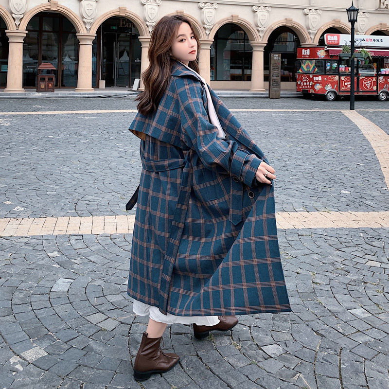 Plaid Windbreaker Women&#39;s Middle Long 2021 New Spring and Autumn Korean Loose Thin Over Knee Temperament Coat Fashion Coat