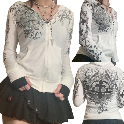 Y2K Women Long Sleeve Hoodie Coat Fall Vintage Gothic Print Sweatshirt with Pockets Zip Up Hoodies Streetwear