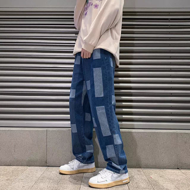 2022 Spring New Korean Fashion Wide Leg Jean Y2k Printing Denim Pants Male Brand Clothes Plaid Blue Baggy Jeans