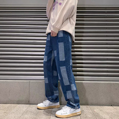 2022 Spring New Korean Fashion Wide Leg Jean Y2k Printing Denim Pants Male Brand Clothes Plaid Blue Baggy Jeans