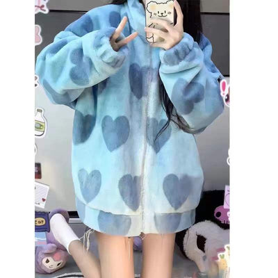Pink Heart Y2K Baseball Coat Women Faux Teddy Fur Coat Basic Jackets Outerwear Female Womens Fashion Vintage Harajuku Kawaii