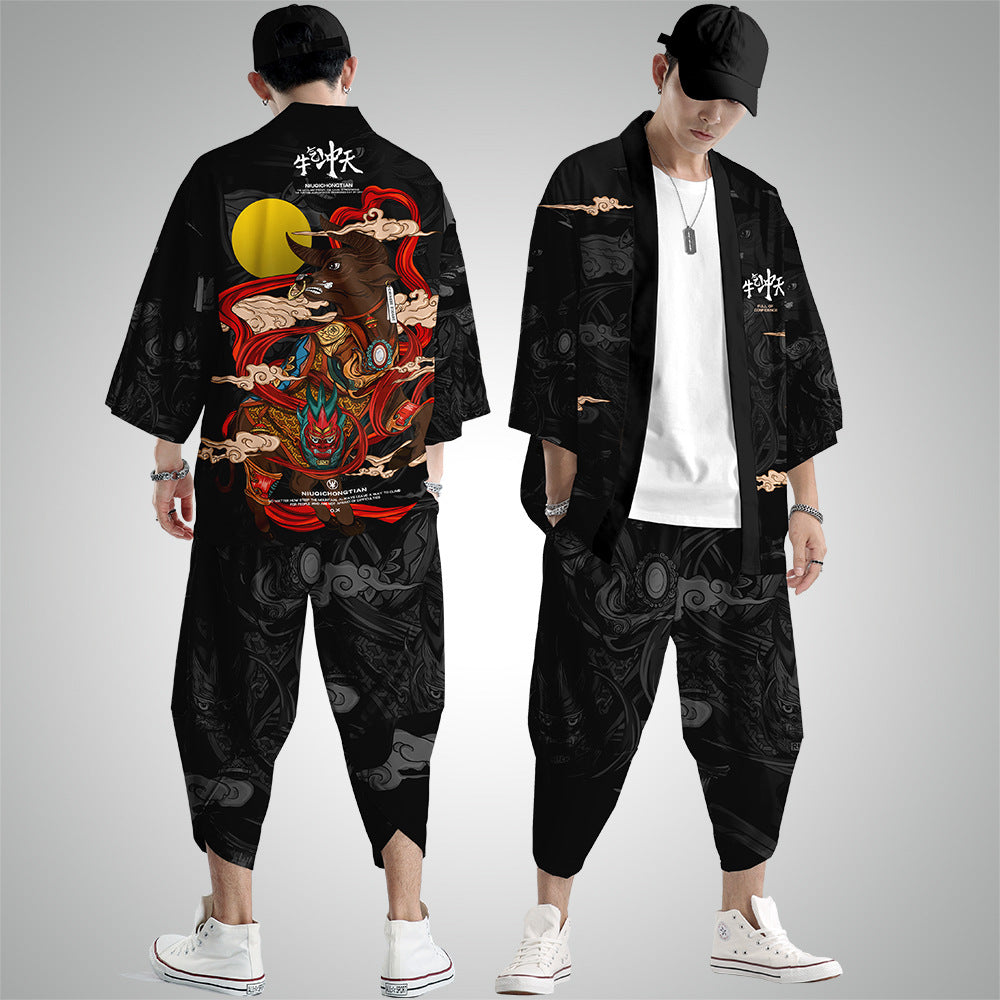 2022 Summer New Harajuku Anime Cow Print Kimono Streetwear For Men Fashion Clothing Japanese Cardigan Shirt Pants Two Piece Set
