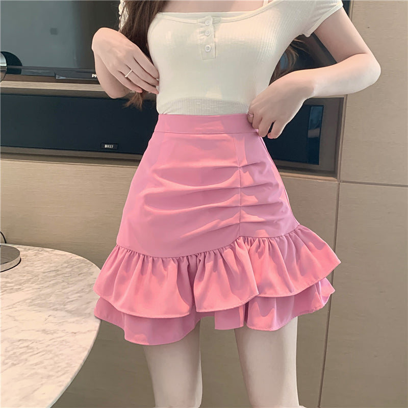 Women High Waist Ruffles Pleated Bodycon Skirts Female Pink Black Summer All-match Folds Irregular Slim A-line Cake Mini Skirt