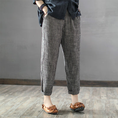 Summer New Elastic Waist Stitching Striped Flax Casual Pants 9-minute Trousers Straight Pants Women Ankle-Length Harem Pants