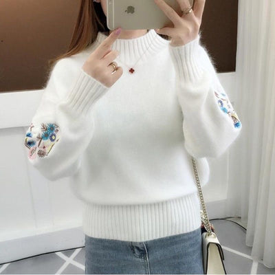 Winter Fashion Women Sweater Long Sleeve Embroidery Turtleneck  Mujer Moda 2021 Solid Color Warm Soft Pullover