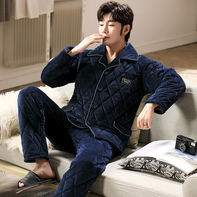 Pajamas men&#39;s autumn and winter cardigan, long sleeved trousers, plush warmth, cotton clip home clothes two-piece suit