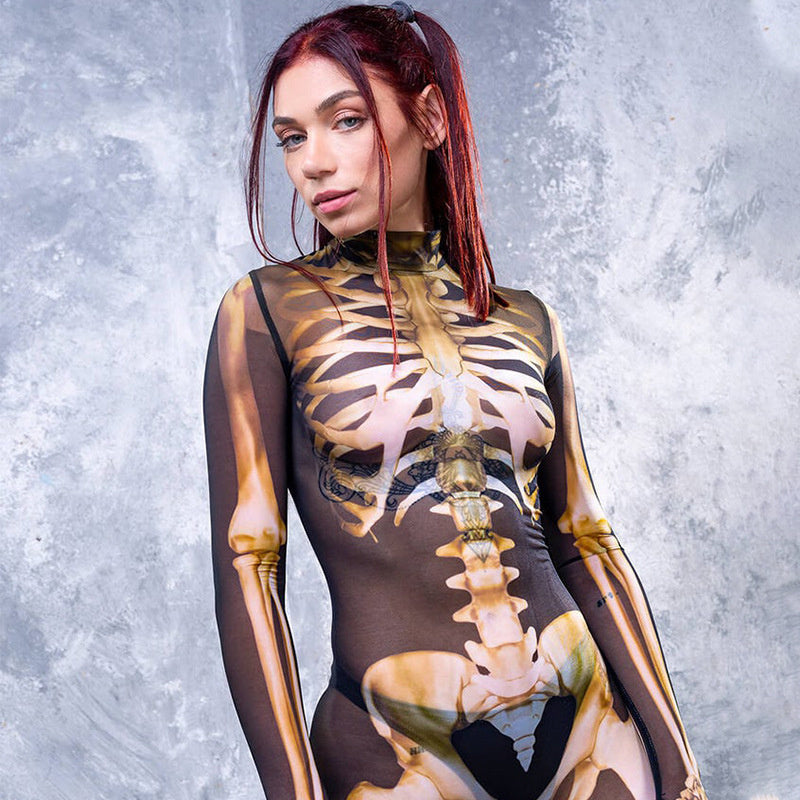 2022 Women New Halloween Horror Jumpsuit Acting Costume Human Skull Print Sexy Personality Tights Masquerade Costumes Scary
