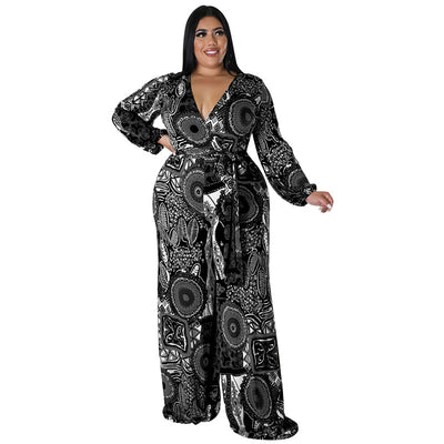 CM.YAYA Plus Size Women Paisley Black Hole Curve Long Sleeve Wrap V-neck Jumpsuit Street Party One Piece Set Overall Playsuit