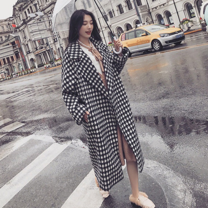 2021 Autumn and Winter Korean Version of The New Women&#39;s British Style Houndstooth Print Slim Long Coat Lapel Casual Long Coat