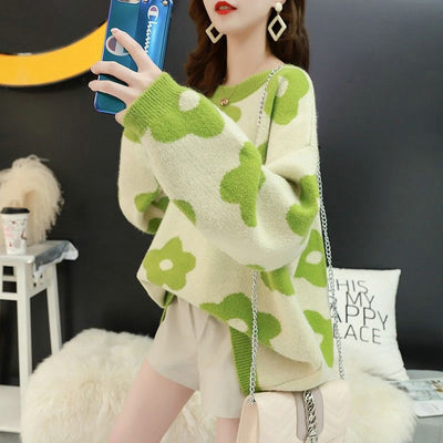 Korean Fashion Autumn Winter Sweater Female 2021 Floral Printing Long Sleeve Women&#39;s Pullover Soft Kobieta Swetry