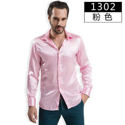 Men&#39;s Shirts Simulated Silk Slim Fit Mercerized Long Sleeve Shirts Costumes Performance Costumes Banquet Clothes Shirts Tops